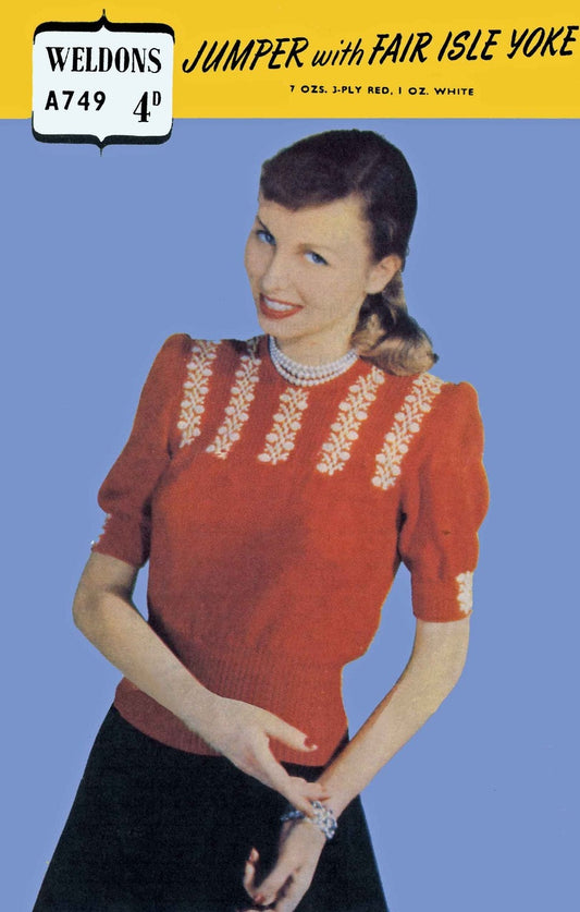 Ladies Jumper with Fair Isle Yoke, 34"/36" Bust, 3ply, 50s Knitting Pattern, Weldons 749