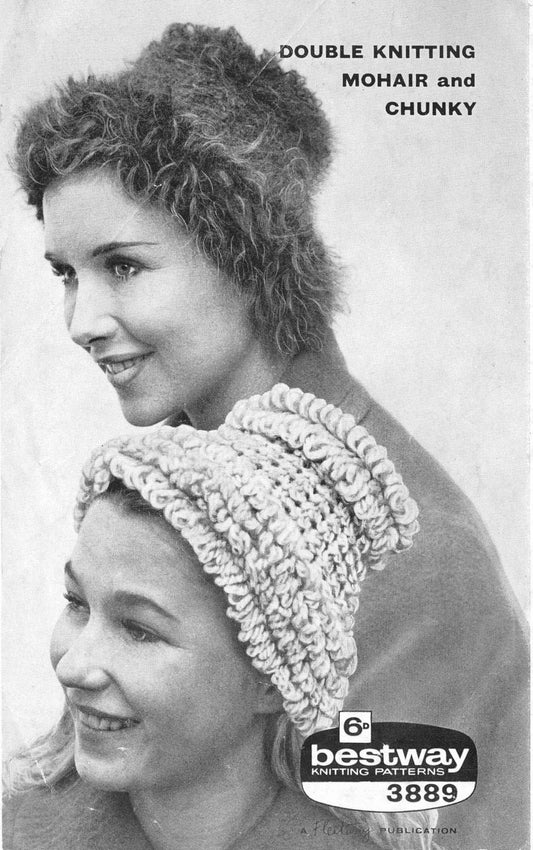 Ladies Hats, 3 Styles, DK & Chunky, 60s Knitting Pattern, Bestway 3899