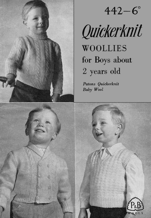 Boys Reefer Cardigan 24"-26" Chest, Sweater / Jumper 22" Chest, Tank Top 22" Chest, 4ply, 60s Knitting Pattern, P&B 442