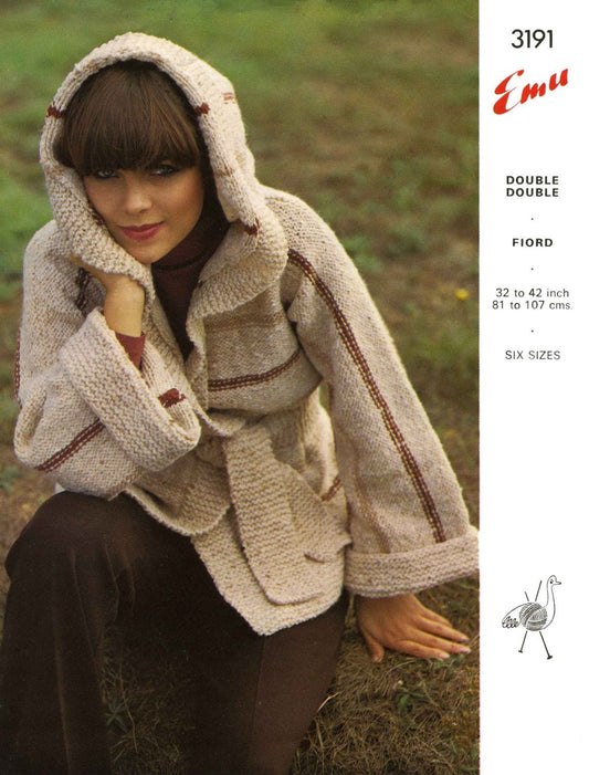 Ladies Jacket / Cardigan with Hood, 32"-42" Bust, Aran, 70s Knitting Pattern, Emu 3191