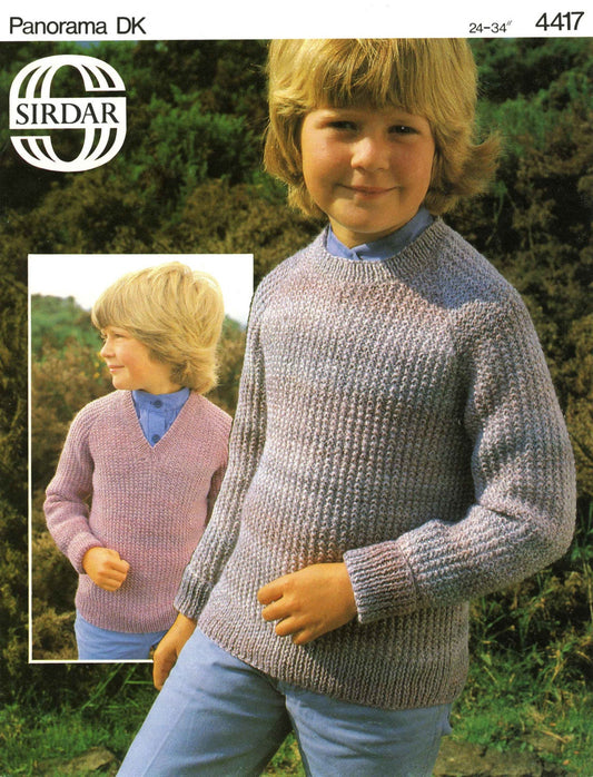 Boys or Girls Sweater / Jumper in V and Round Neck, 24"-34" Chest, DK, 80s Knitting Pattern, Sirdar 4417