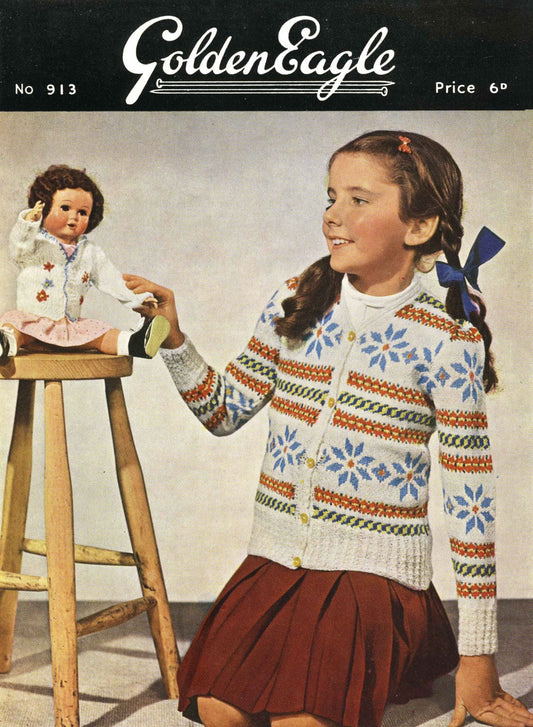 Girls Fair Isle Cardigan, 8-10 years, 27" Chest, 3ply, 50s Knitting Pattern, Golden Eagle 913