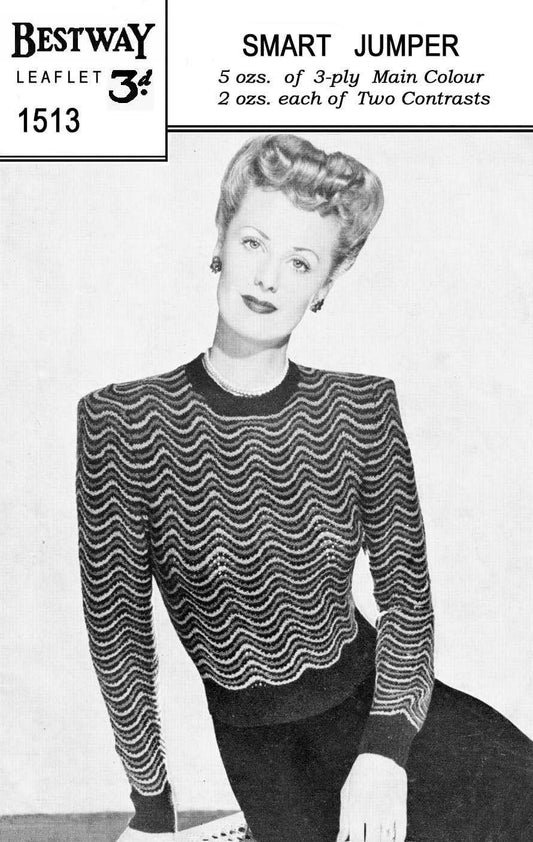 Ladies Jumper, 35" Bust, 3ply, 40s Knitting Pattern, Bestway 1513