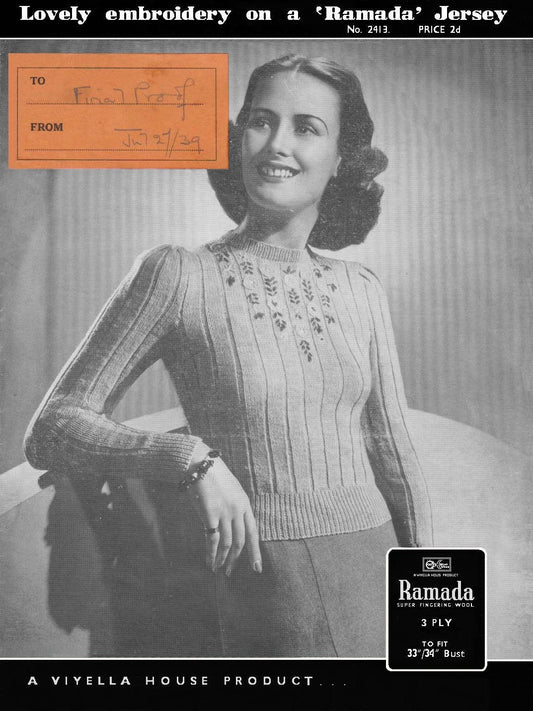 Ladies Jumper, 33"/34" Bust, 3ply, dated 1939, 30s Knitting Pattern, Ramada 2413