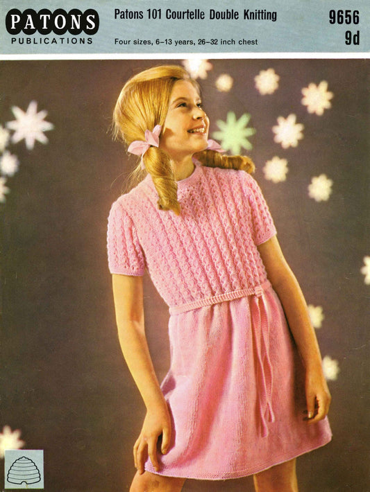 Girls Party Dress, 6-13 years, 26" - 32" Chest, DK, 60s Knitting Pattern, Patons 9656