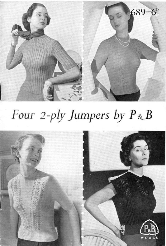 Ladies Jumper in 4 styles, 33"-36" Bust, 2ply, 50s Knitting Pattern, P&B 689