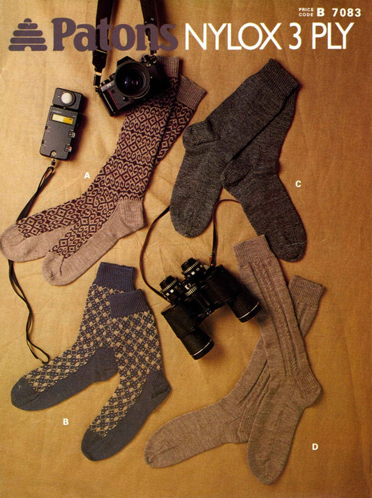 Men's Socks, 3ply, 80s Knitting Pattern, Patons 7083