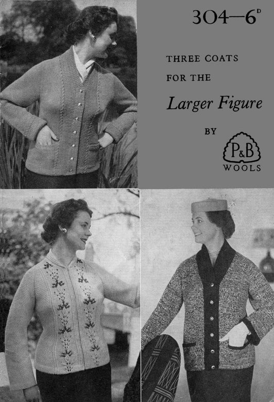 Ladies Cardigan in 3 Styles, Plus Size 40"-44" Bust, 3ply and DK, 50s Knitting Pattern, P&B 304