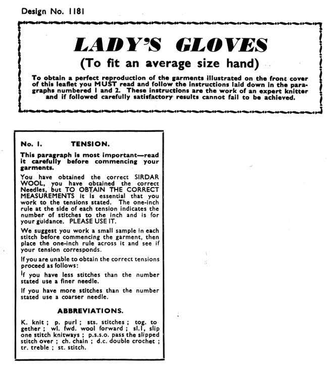 Ladies Gloves, 2 Knitted Styles, 1 Crochet Style, 3 ply, 40s Knitting Pattern and Crochet Pattern, Sirdar 1181