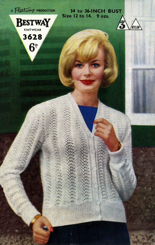 Ladies Feather Fan Cardigan, 34"-36" Bust, 3ply, 60s Knitting Pattern, Bestway 3628