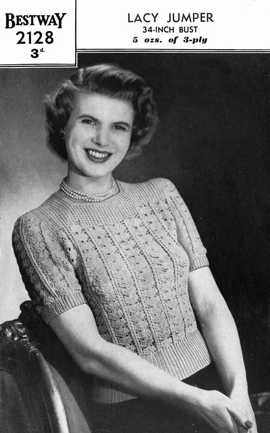 Ladies Lacy Jumper, 34" Bust, 3ply, 40s Knitting Pattern, Bestway 2128