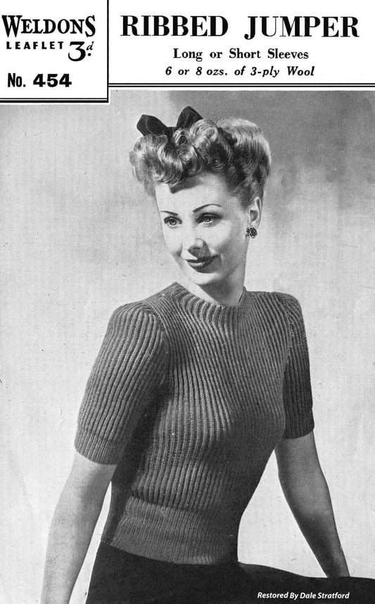 Ladies Ribbed Jumper, Long or Short Sleeves, 32"-34" Bust, 3ply, 40s Knitting Pattern, Weldons 454