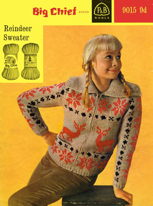 Ladies Reindeer Jacket / Cardigan, 32"-36" Bust, Chunky / Super Chunky, 70s Knitting Pattern, P&B 9015