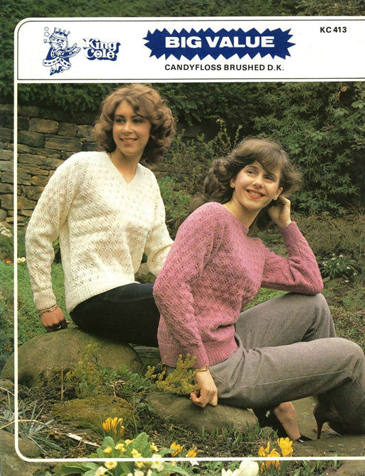 Ladies V Neck Sweater, & Scoop Neck Sweater, Jumper, 32"-42" Bust, DK, 80s Knitting Pattern, King Cole 413