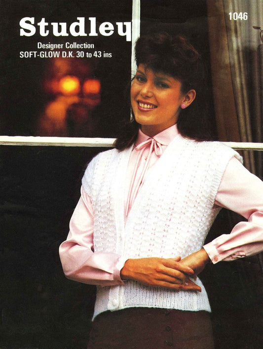 Ladies Waistcoat, 30"-43" Bust, DK, 80s Knitting Pattern, Studley 1046