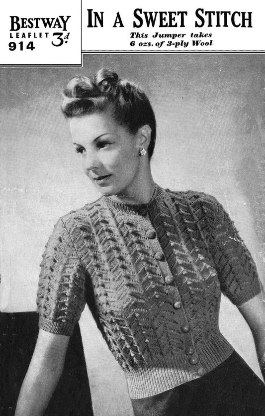 Ladies Jumper, 34"-36" Bust, 3ply, 40s Knitting Pattern, Bestway 914