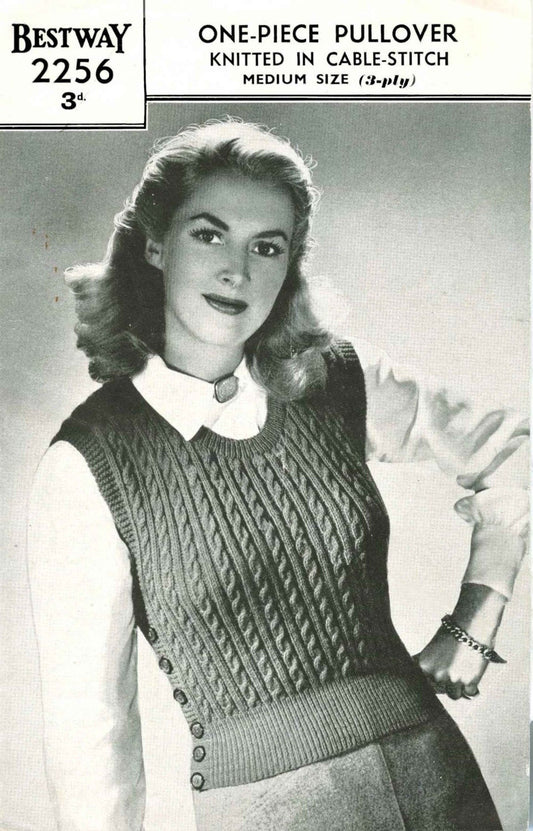 Ladies One-Piece Sleeveless Jumper, 36" Bust, 3ply, 50s Knitting Pattern, Bestway 2256