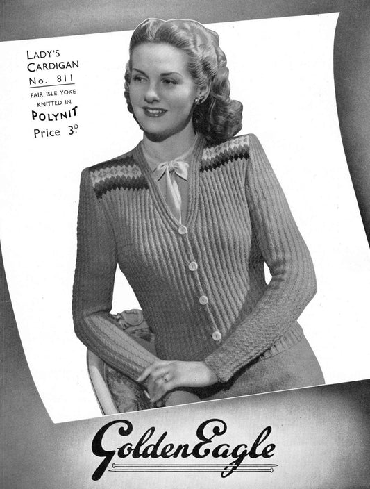 Ladies Cardigan, 34" Bust, 3ply, 40s Knitting Pattern, Golden Eagle 811