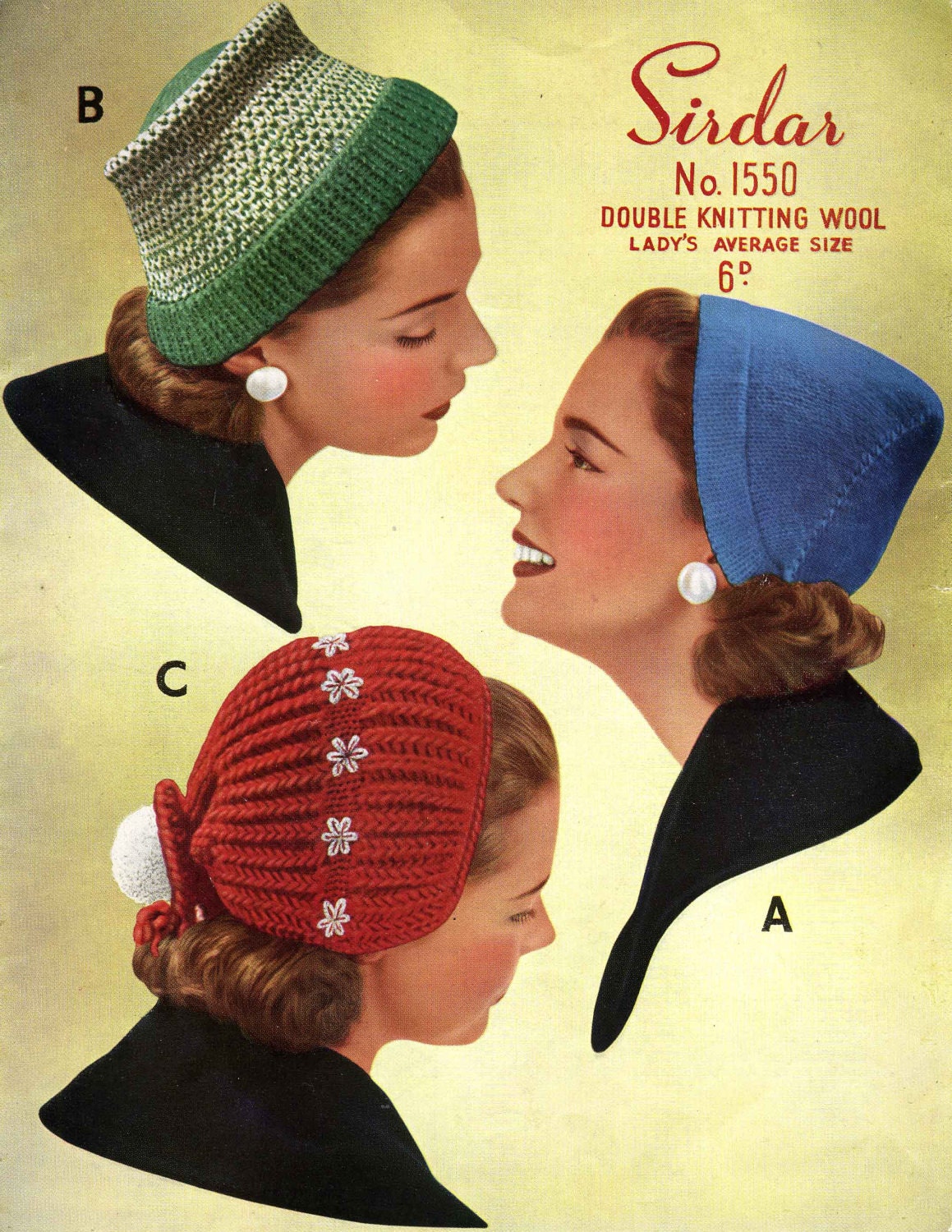 Ladies Hats in 3 Styles, DK, 50s Knitting Pattern, Sirdar 1550