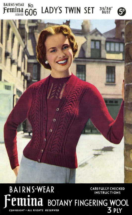 Ladies Twin Set, Cardigan and Jumper, 36" Bust, 3ply, 50s Knitting Pattern, Bairnswear 606