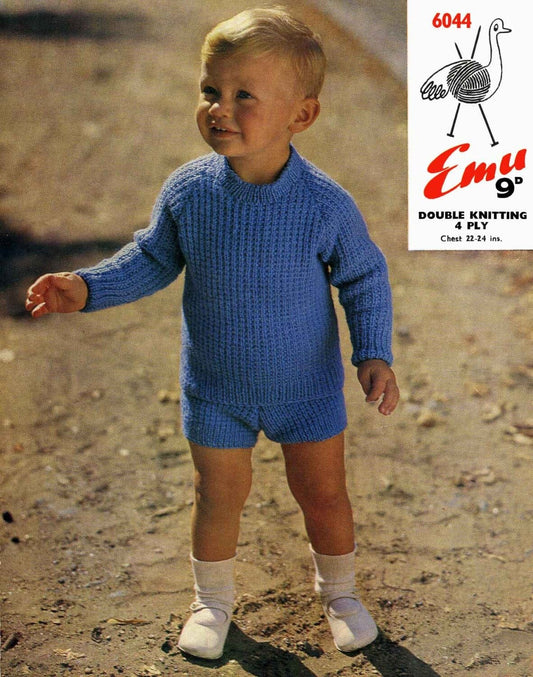 Boys Suit, Sweater / Jumper & Shorts, 2-4 years, 4ply and DK, 60s Knitting Pattern, Emu 6044