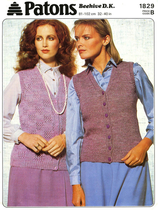 Ladies Sleeveless Cardigan / Waistcoat in 2 Styles, 32"-40" Bust, DK, 80s Knitting Pattern, Patons 1829