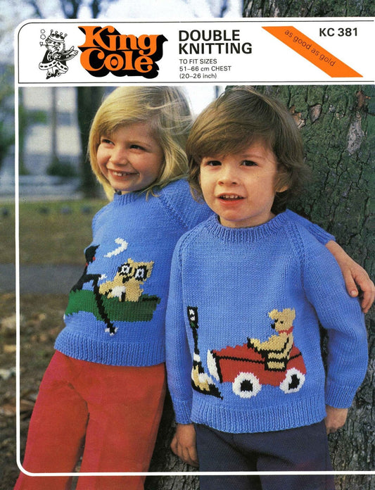 Children Sweater / Jumper with Motif, 20"-26" Chest, DK, 80s Knitting Pattern, King Cole 381