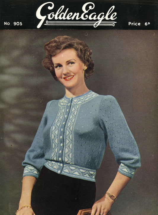 Ladies Jacket / Cardigan with Three-Quarter Sleeves, 32"/34" Bust, 3ply, 40s Knitting Pattern, Golden Eagle 905