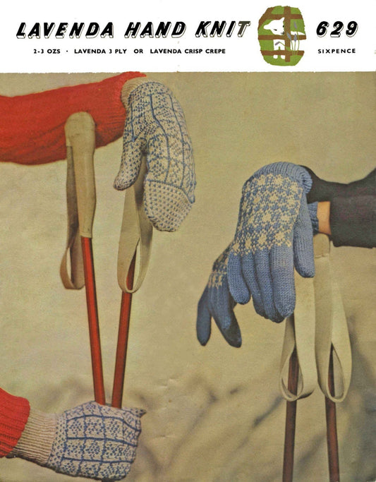 Ladies Fair Isle Gloves & Mitts, 3ply, 50s Knitting Pattern, Lavenda 629