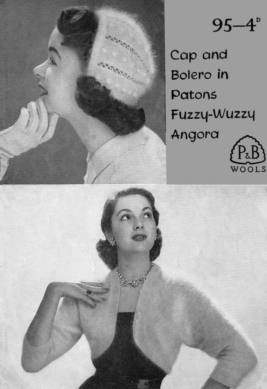 Ladies Bolero and Cap, 32"-36" Bust, 4ply, 50s Knitting Pattern, P&B 95