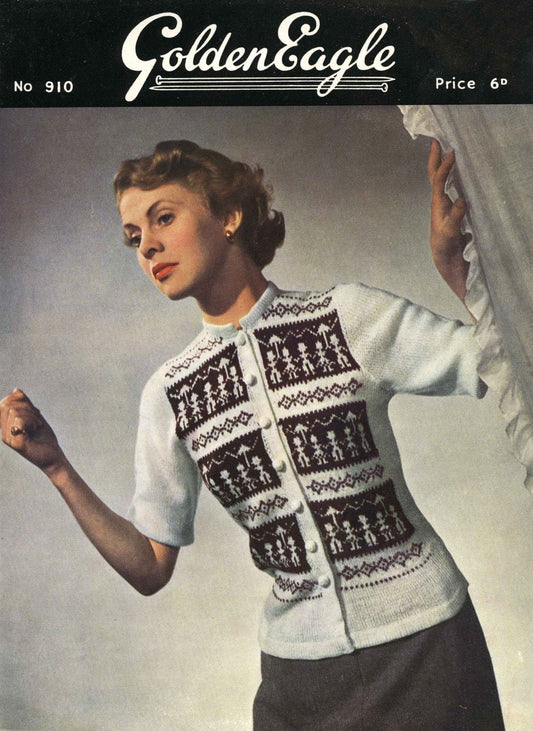 Ladies Fair Isle Cardigan, 34" Bust, 3ply, 50s Knitting Pattern, Golden Eagle 910