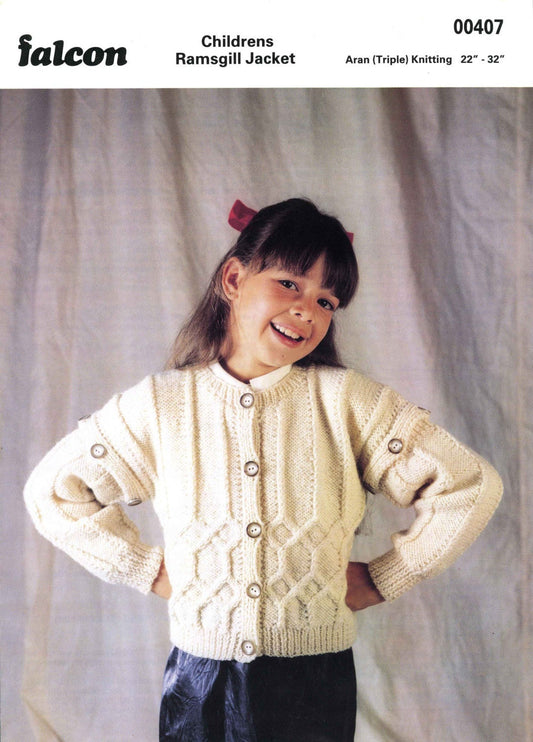 Childrens Ramsgill Jacket / Cardigan, 22"-32" Chest, Aran, 80s Knitting Pattern, Falcon 407