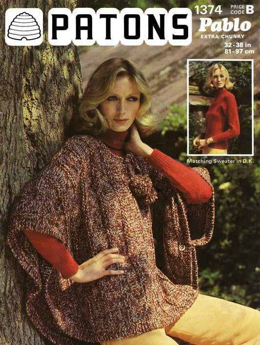 Ladies Poncho and Matching Sweater, / Jumper, Super Chunky, 32"-38" Bust, 80s Knitting Pattern, Patons 1374