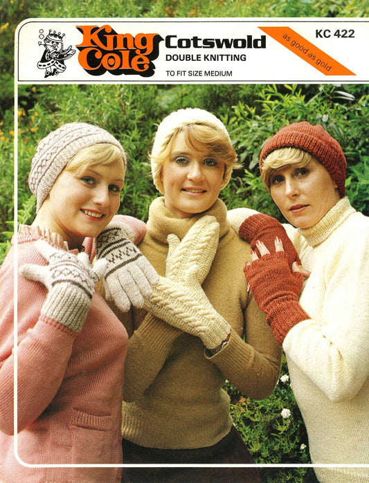 Ladies Gloves, Mitts and Hats in Three Styles, DK, 70s Knitting Pattern, King Cole 422