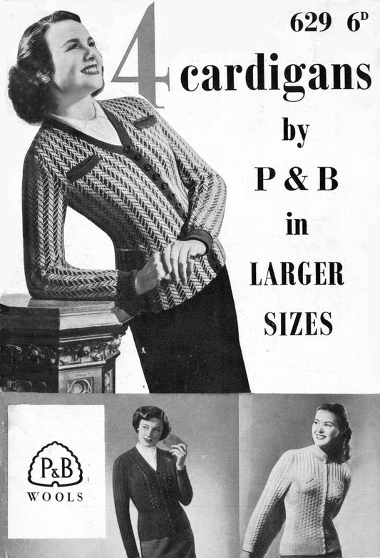 Ladies Cardigan, Button Through, V-Neck, Cable and Lace Panels, 36"-40" Bust, 3ply, 50s Knitting Pattern, P&B 629