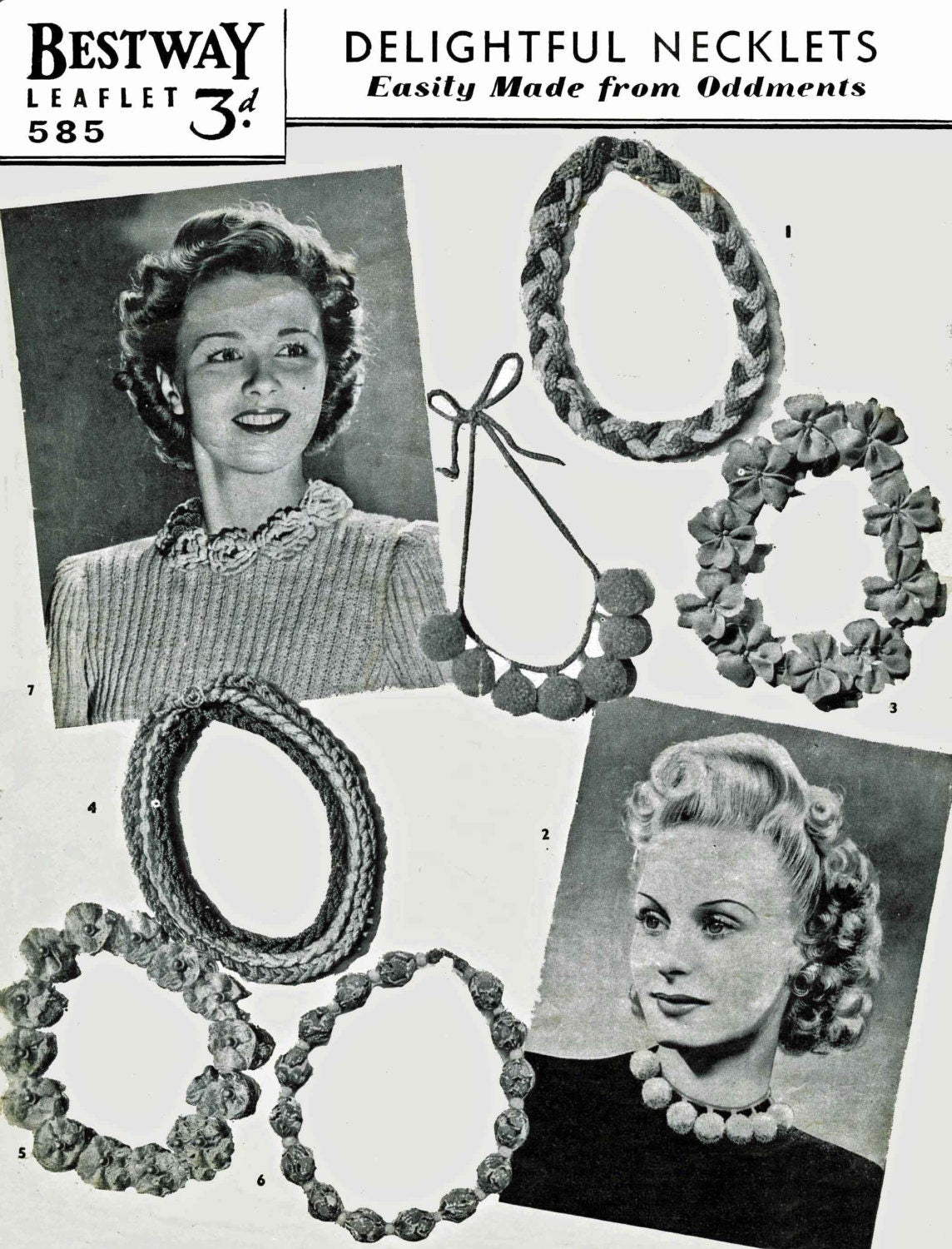 Delightful Necklace, 6 designs, 40s Crochet Pattern & Sewing Pattern, Bestway 585