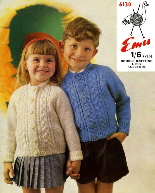 Boy and Girl Cardigan, 22"-26" Chest, 4ply & DK, 70s Knitting Pattern, Emu 6130