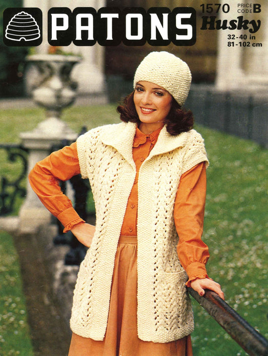 Ladies Waistcoat and Hat, 32"-40" Bust, Chunky, 80s Knitting Pattern, Patons 1570