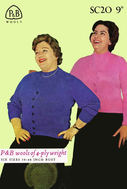 Ladies Twin Set, Cardigan and Jumper, Plus Size 38"-48" Bust, 4ply, 50s Knitting Pattern, P&B 20