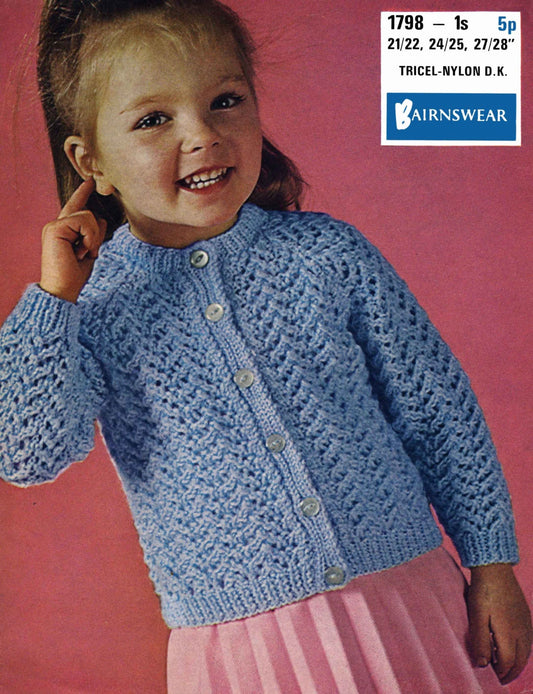 Girl Cardigan, 21"-28" Chest, DK, 70s Knitting Pattern, Bairnswear 1798