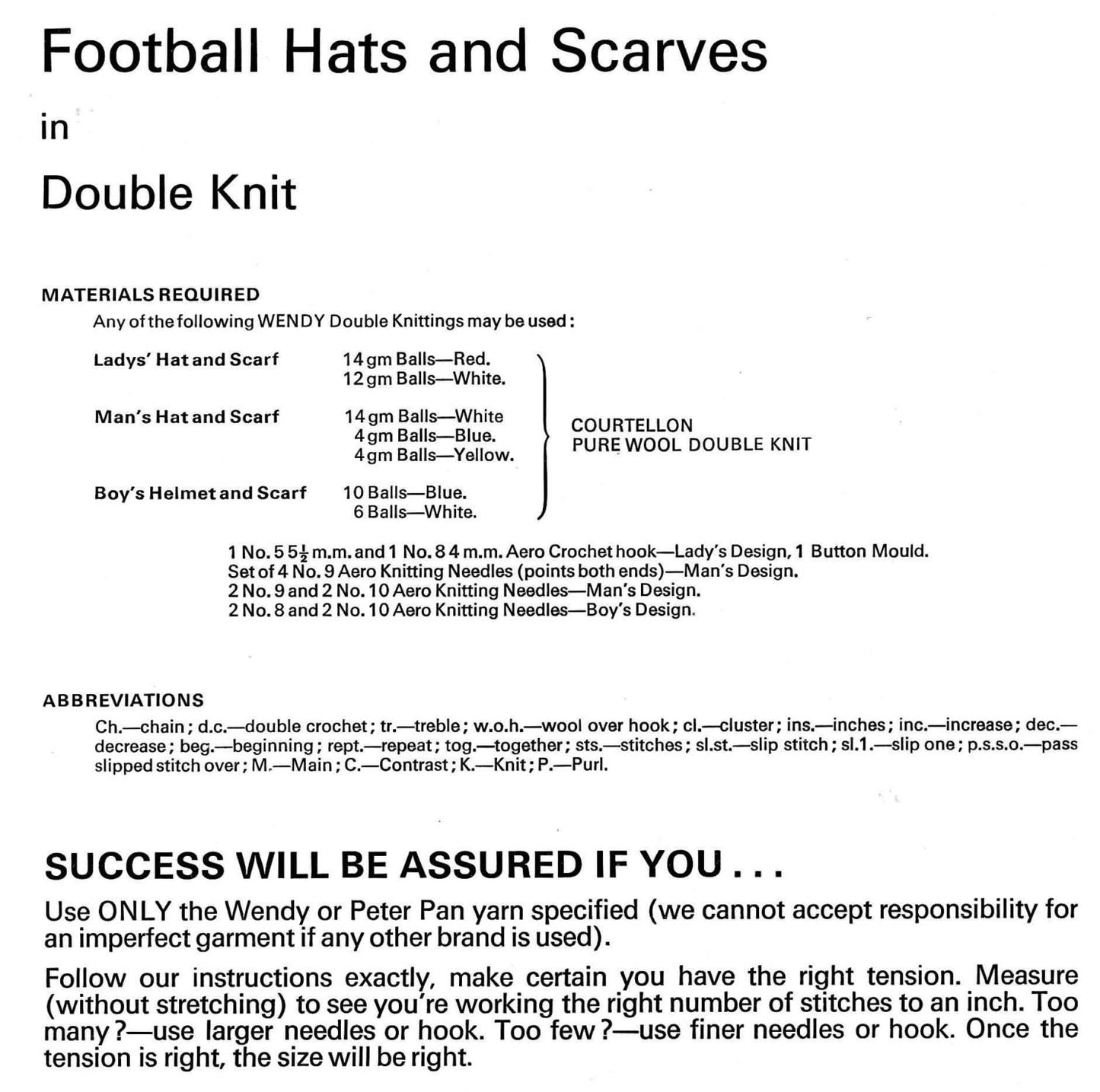 Football Hats and Scarves for the Family, DK, 70s Crochet and Knitting Pattern, Wendy 873