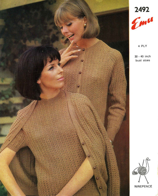 Ladies Twin Set, Jumper and Cardigan, 30"-40" Bust, 4ply, 70s Knitting Pattern, Emu 2492